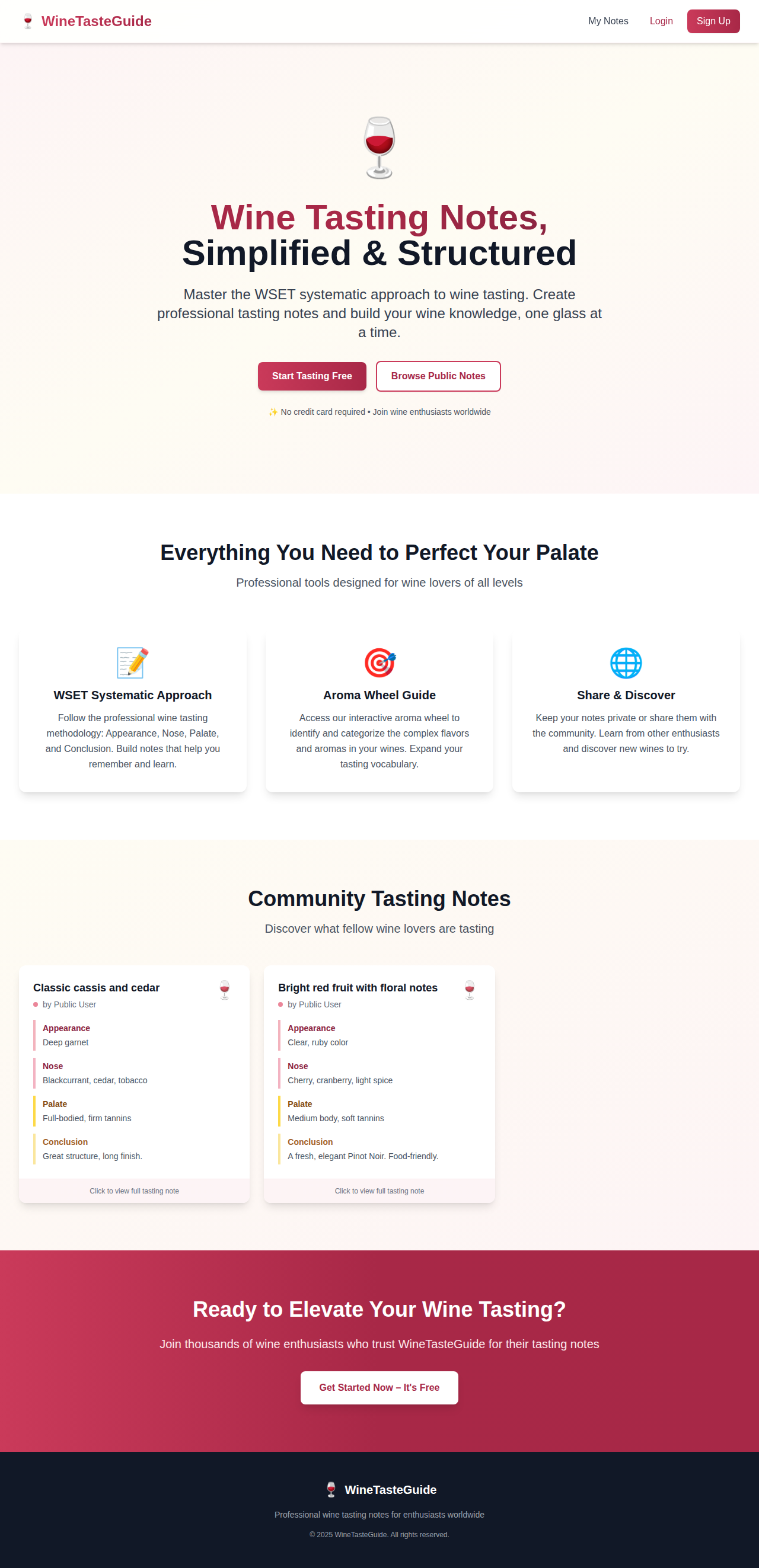 Homepage showing hero section, features overview, and community tasting notes