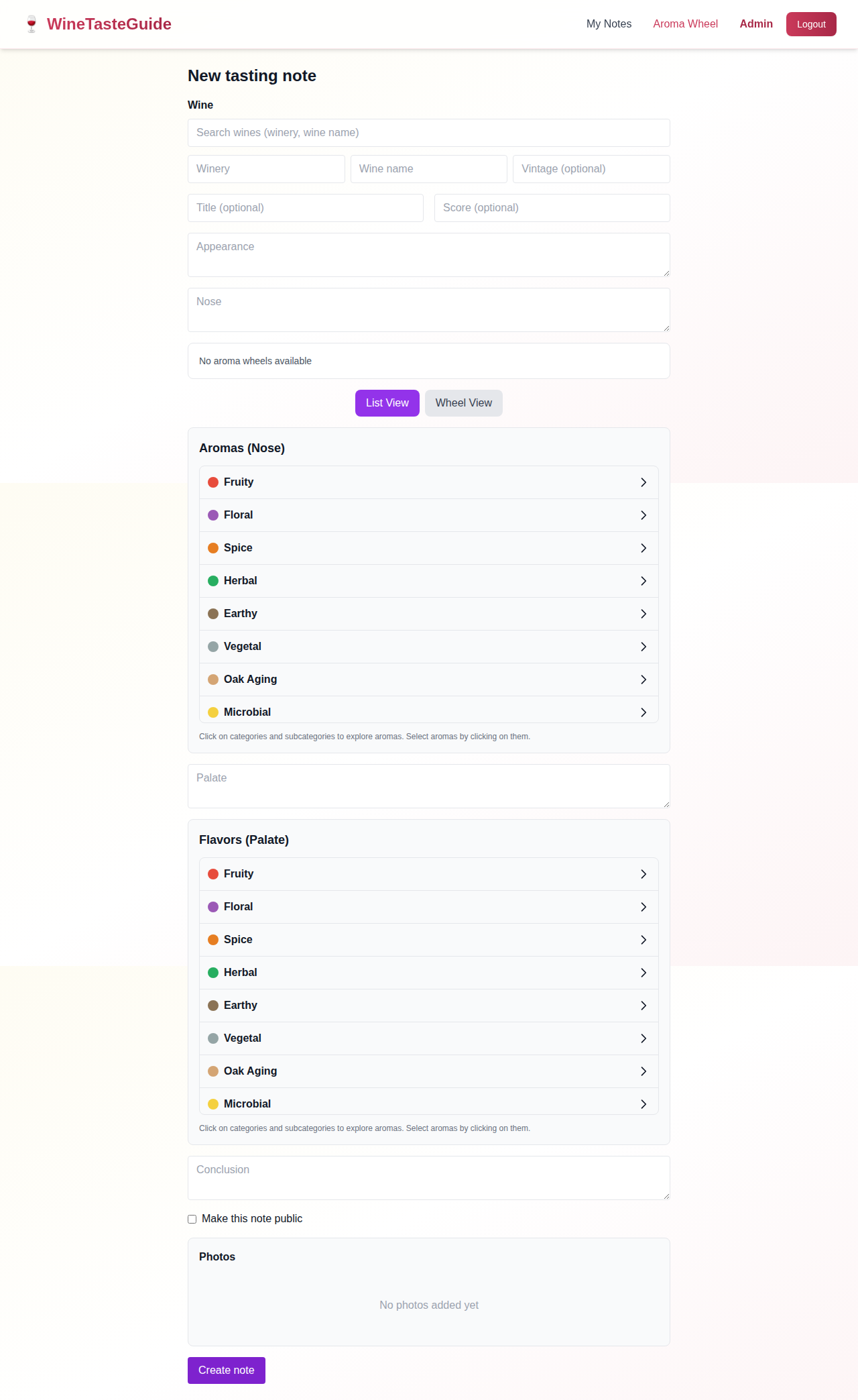 My Notes page showing the notes list with options to create a new note
