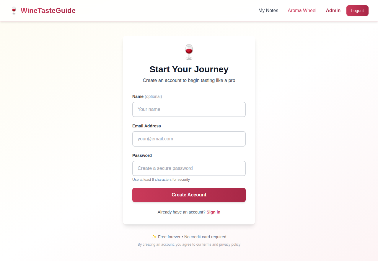 Registration page showing the sign-up form with fields for name, email, and password